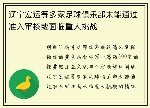 辽宁宏运等多家足球俱乐部未能通过准入审核或面临重大挑战 辽宁宏运等多家足球俱乐部未能通过准入审核或面临重大挑战